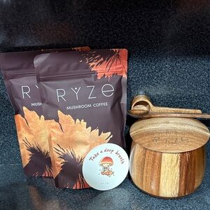 RYZE mushroom coffee, acacia wood Canister Set with scoop and spoon.
